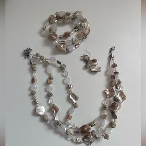 Boho Neutral Stone & Shell Jewelry Set Necklace Bracelet Earrings